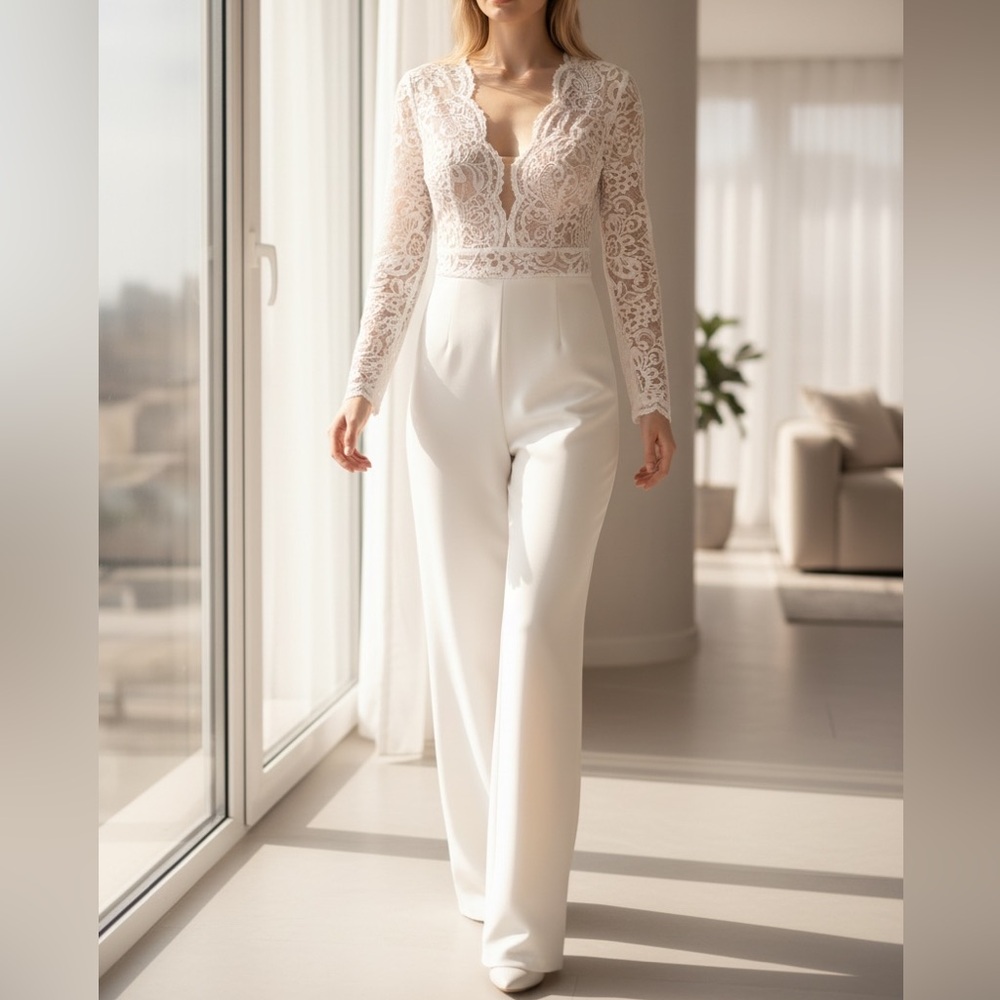 White Lace Jumpsuit Bridal Engagement Wedding Guest Small Hello Molly